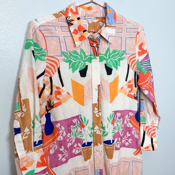 Poetry Multicolor Linen Blend Long Sleeve Plant Print Dress - Picture 3 of 9